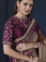 Shaded Plum Crepe Satin Silk Party Wear Saree